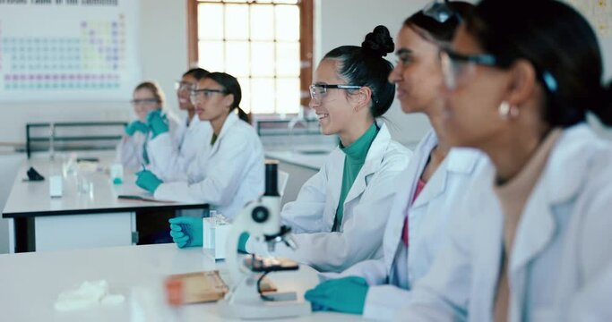 Laboratory, students listening and school for research, future scientist class on college table. Lecture, science and education for university and medical analysis of learning and studying group