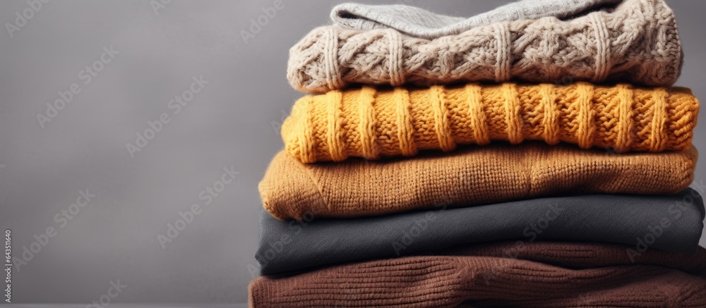 Poster text space over grey background with closeup of stacked folded warm sweaters