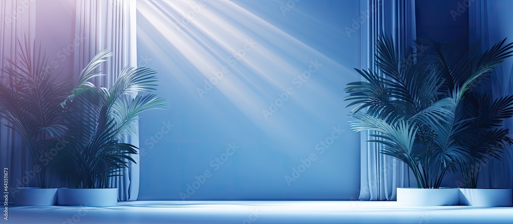 Poster studio background with blue color gradient empty room with window shadows flowers and palm leaves 3d