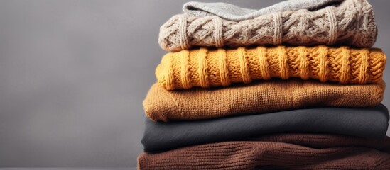 Text space over grey background with closeup of stacked folded warm sweaters