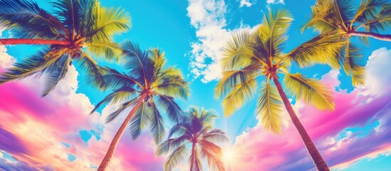 Bright multicolored palm trees against a blue sky with clouds