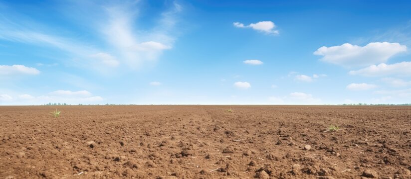 Black soil and blue sky provide a backdrop for a ploughed field with space in the image