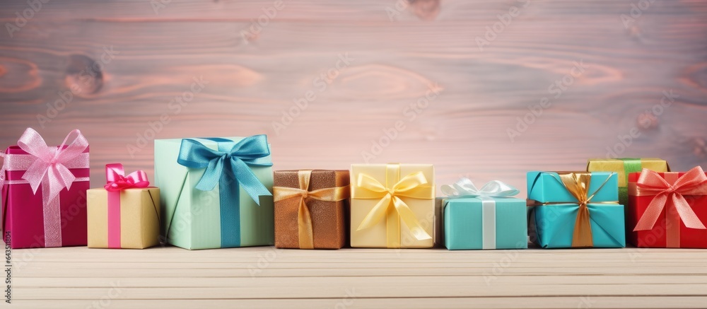 Poster gift boxes in various colors on wooden backdrop adorned with ribbon and straw