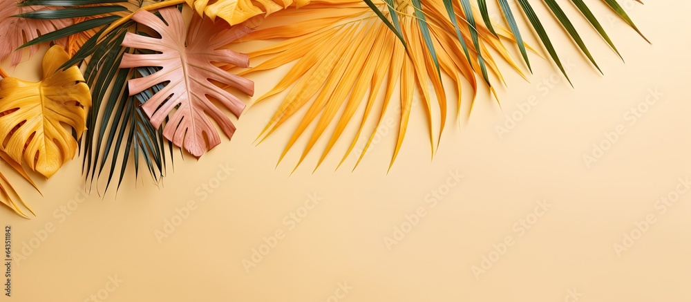 Poster exotic summer layout with colorful and golden tropical leaves and palms on beige background minimal 