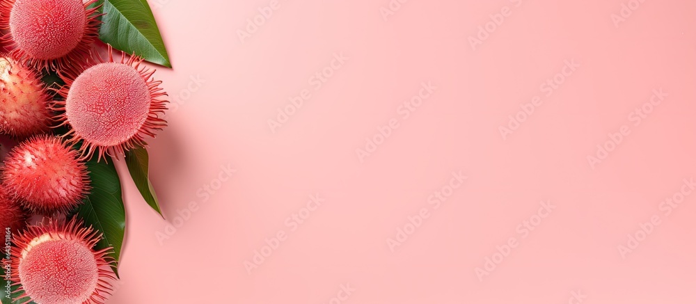 Aufkleber rambutan fruit falls on a colorful table seen from above minimalistic style