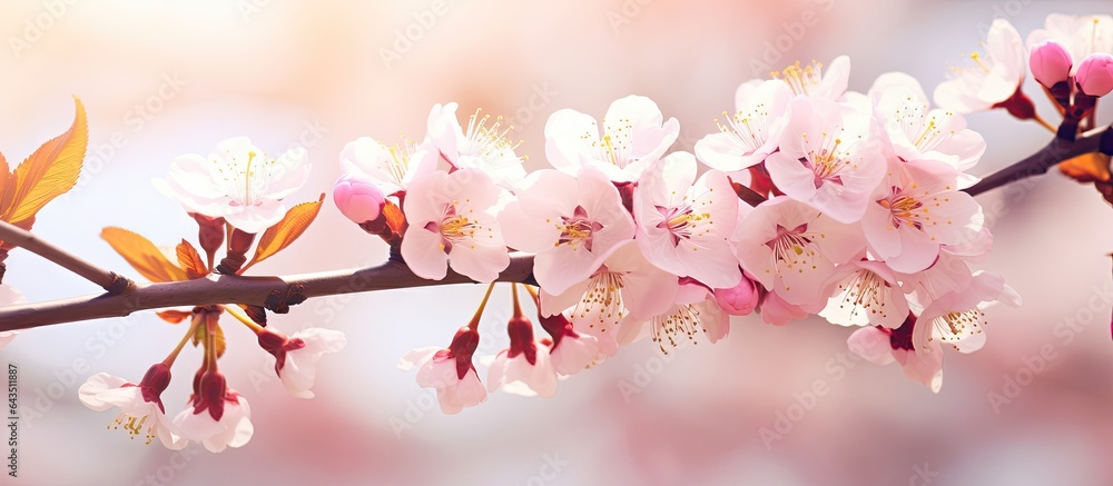 Fototapete Cherry and plum trees bloom in spring with a selective focus and copy space in the background
