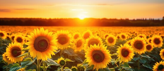 Sunflower landscape in a yellow field during sunset in summer - Powered by Adobe