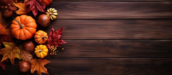 Autumn themed decoration with leaves pumpkins and a wooden background Top view with space for text