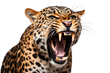 Portrait of Leopard or Cheetah that roaring isolated on transparent background, Panthera pardus looking at camera, wildlife animal