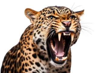 Portrait of Leopard or Cheetah that roaring isolated on transparent background, Panthera pardus looking at camera, wildlife animal
