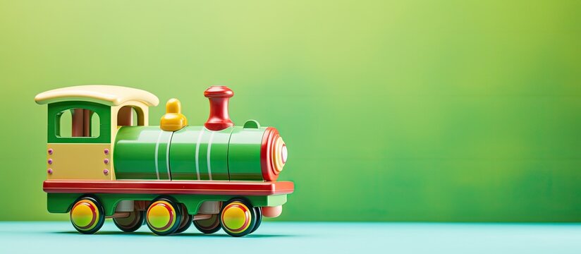 Colorful plastic train toy isolated on green background for toy store banner