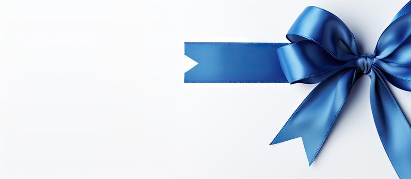 Packaging composition with traditional blue ribbon bow on white background