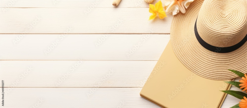Aufkleber Blank journal with summer beach items on a background space for writing Flat lay with copy space