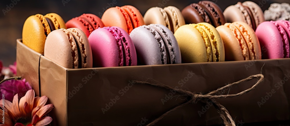 Aufkleber various macaroons in a small box on a brick background sunset lighting and copy space available clos