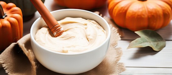 Autumn beauty treatment with homemade pumpkin mask in a white bowl