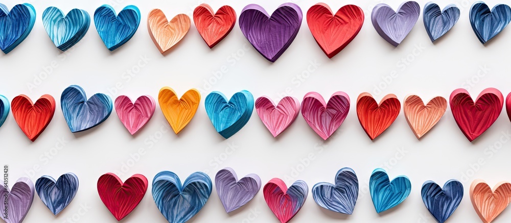 Poster Abstract background with multicolored velvet paper hearts on white surface accentuated by shadow and light Texture and copy space included