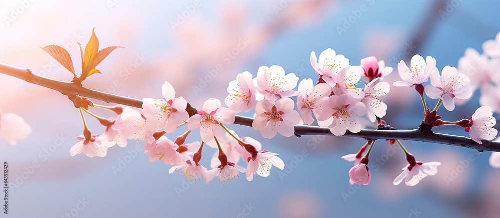 Poster cherry and plum trees bloom in spring with a selective focus and copy space in the background