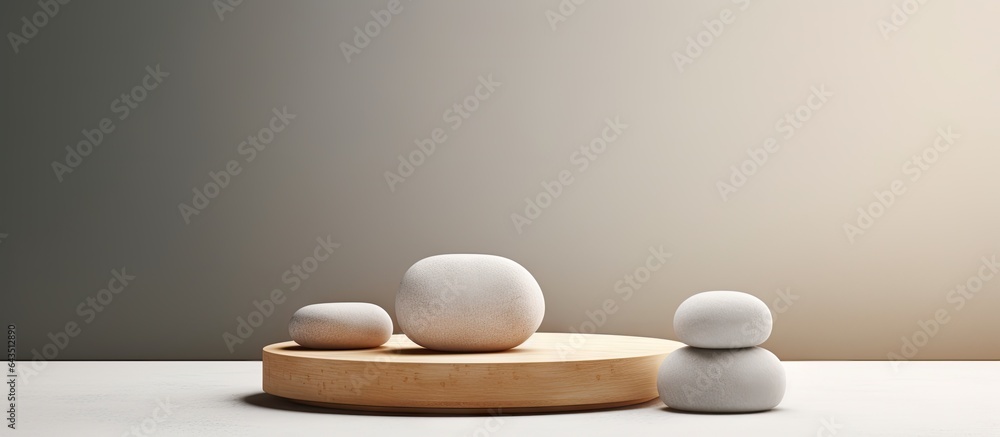 Aufkleber arrange white stones and wood platform on gray background simple display for products