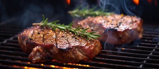 Grilling steaks with herbs spices and salt focusing on flames