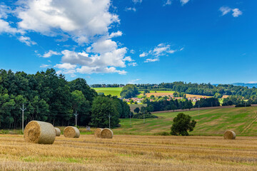 Round hay bale on a field with trees and a farms under a blue cloudy sky.