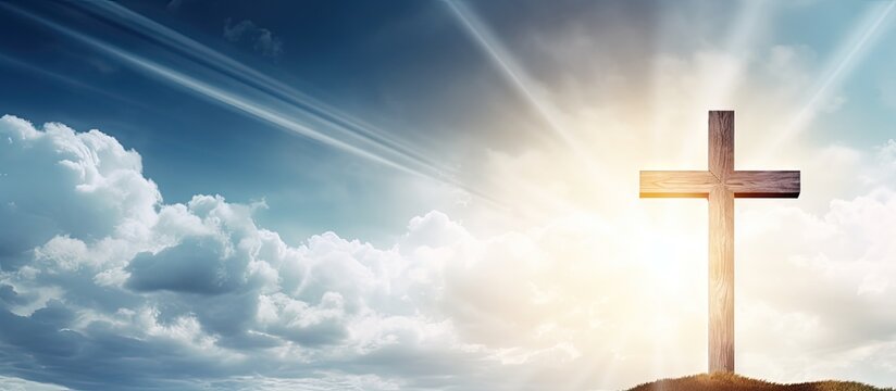 Digital composite of a wooden cross against the sky on Ascension day with copy space Celebrating the holiday religious tradition and belief