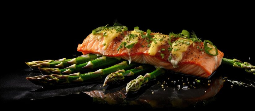 Grilled Salmon Asparagus Wrapped In Bacon Black Background Overhead View