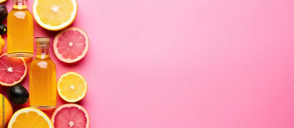 Aufkleber text space available for flat lay composition featuring citrus essential oil bottles on a pink backg