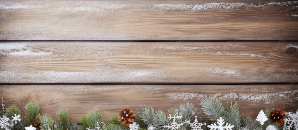 Poster top view of a snowy branch on a christmas themed wooden background with space for text