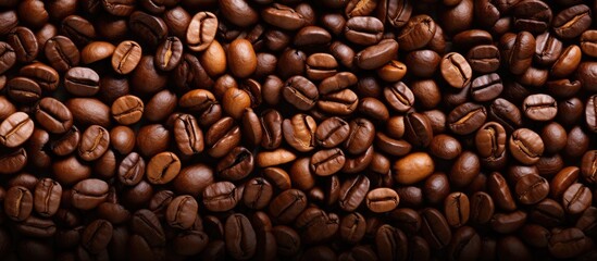 Obraz premium Top view of coffee beans on a background with copy space