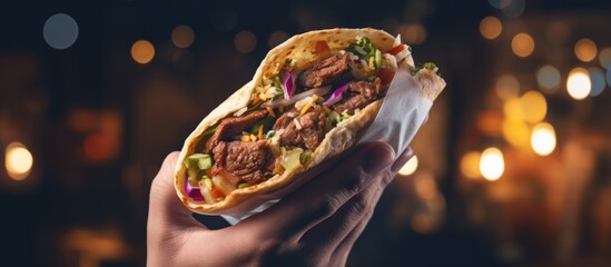 Close up street fast food banner with space showing shawarma in pita bread hand holding kebab or...