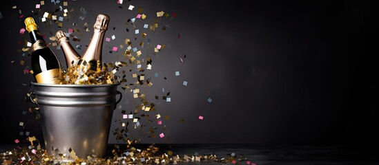 A zoomed in image of a bucket containing confetti champagne bottle and glasses on a grey background