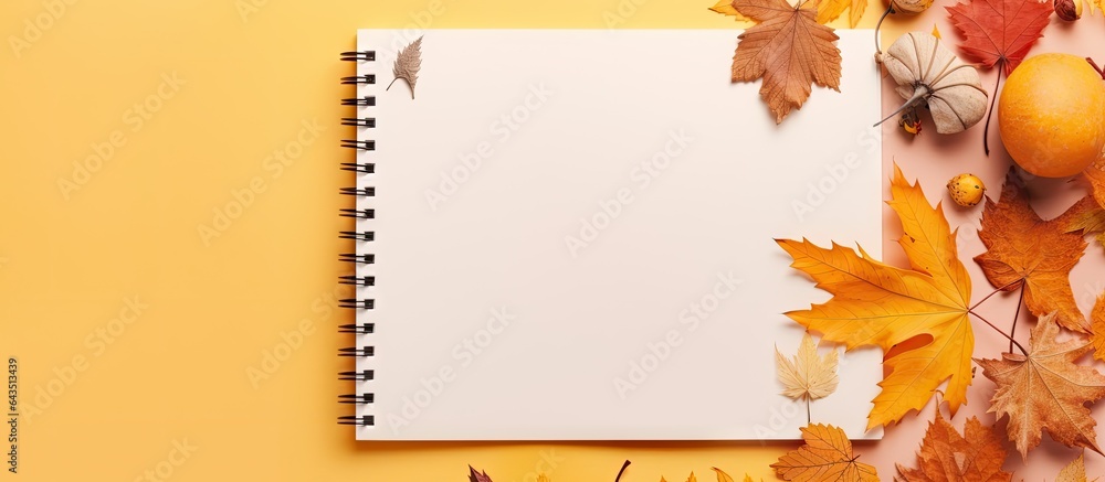 Poster top view of a craft sketchbook with fallen leaves on a colored background