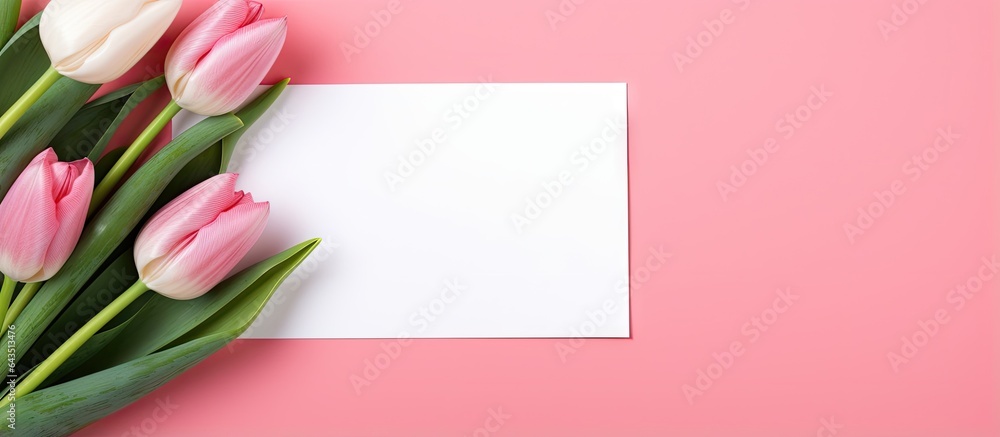 Aufkleber Top view of blank card and tulips on colored background with space for your design