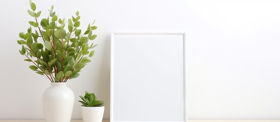 White room interior with eucalyptus plant in vase perfect for artwork presentation
