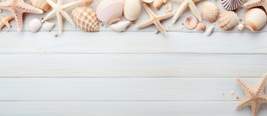 Seascape starfish and shells on weathered wood - obrazy, fototapety, plakaty