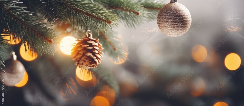 Poster christmas decorations with lights and a branch from a fir tree featuring a new year and christmas th
