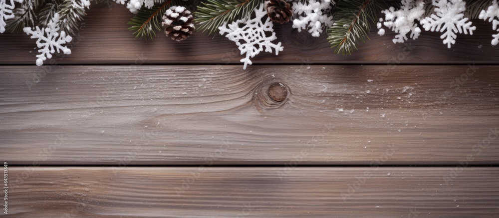 Poster top view of a snowy branch on a christmas themed wooden background with space for text