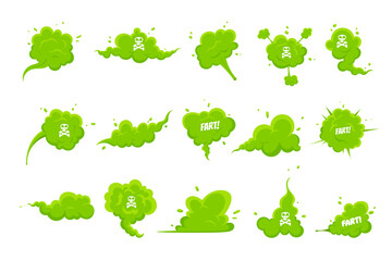 Smelling green cartoon smoke or fart clouds flat style design vector illustration set. Bad stink or toxic aroma cartoon smoke cloud isolated on white background. - obrazy, fototapety, plakaty