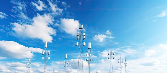 White pole with devices for signal provision transmission and distribution against a clear blue sky with copy space