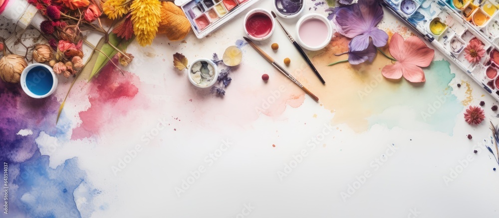Poster art supplies and desk workspace for artists captured from above with empty space and a flat layout