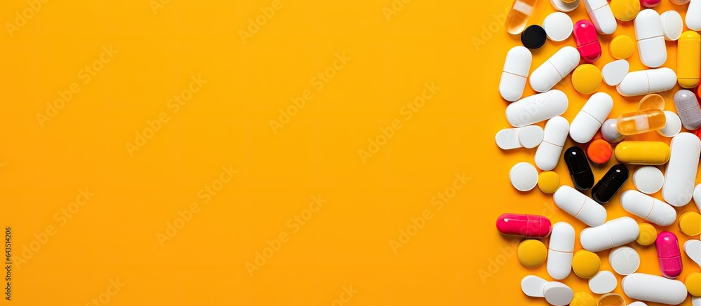 Poster assorted multicolor medicine tablets and pills in a plastic bottle on a yellow background top view c