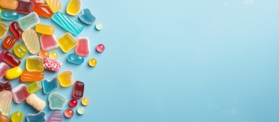 Various jelly candies on light blue background top view Space for writing