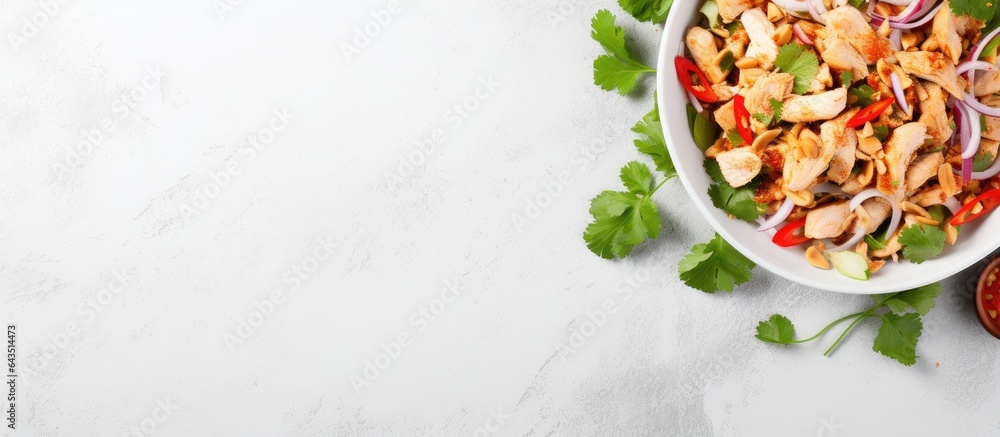Poster Top view of Thai chicken salad in a bowl close up with a light stone background empty space for text