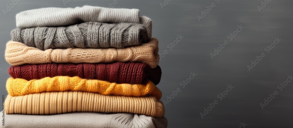 Poster text space over grey background with closeup of stacked folded warm sweaters