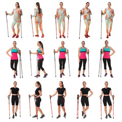 Sporty woman with Nordic walking poles on white background, collage with photos