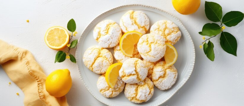 Top view of homemade lemon crinkle cookies on a plate with white background and copy space Flat lay