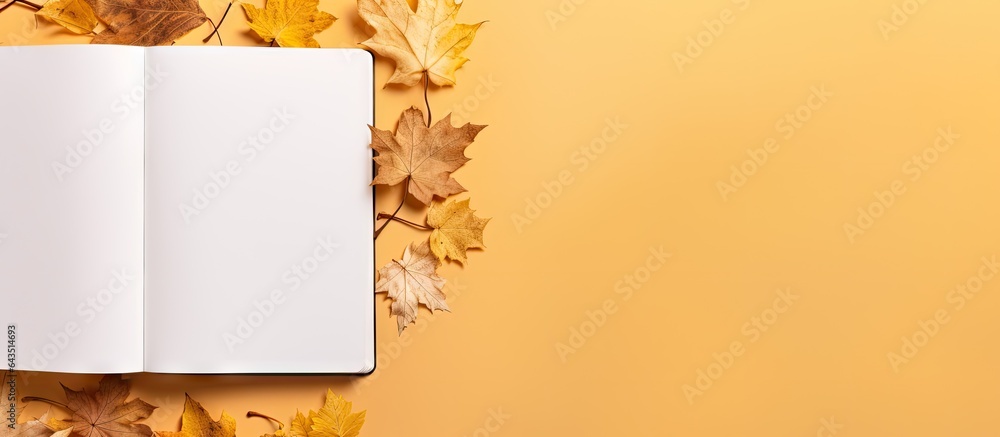Poster Top view of a craft sketchbook with fallen leaves on a colored background