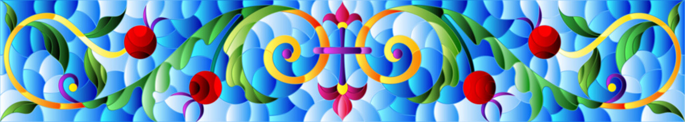 Illustration in stained glass style with abstract  swirls,flowers and leaves  on a blue background,horizontal orientation