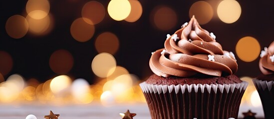 Close up of a scrumptious Christmas chocolate cupcake on a dark bokeh background - Powered by Adobe