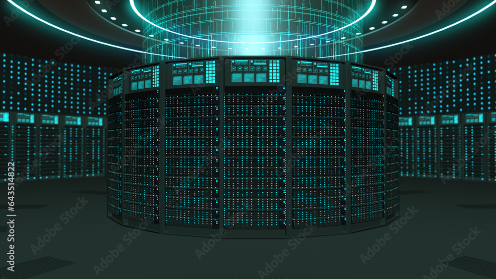 Poster server cabinets for storage, data servers in a data center server room, cloud computing data storage